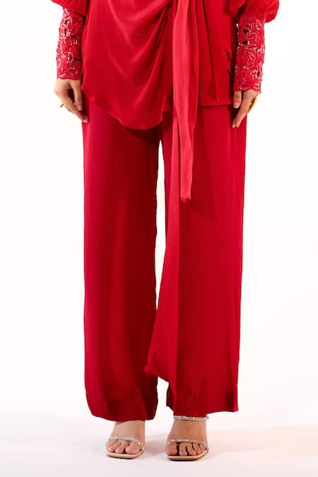 Sakshi Khetterpal_Red Crepe Embroidery, Beads Collared, Button-down Neck Cuff Top And Pant Set _Online_at_Aza_Fashions