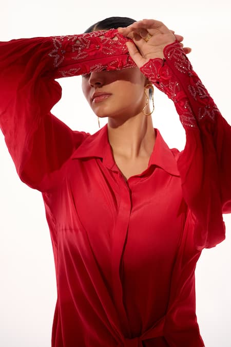 Shop_Sakshi Khetterpal_Red Crepe Embroidery, Beads Collared, Button-down Neck Cuff Top And Pant Set _Online_at_Aza_Fashions