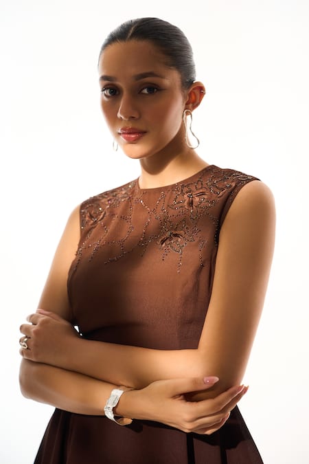 Shop_Sakshi Khetterpal_Brown Crepe Beads, Embroidery Round Neck Peplum Top And Pant Set _Online_at_Aza_Fashions