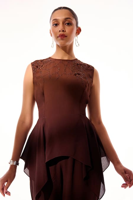 Sakshi Khetterpal_Brown Crepe Beads, Embroidery Round Neck Peplum Top And Pant Set _at_Aza_Fashions