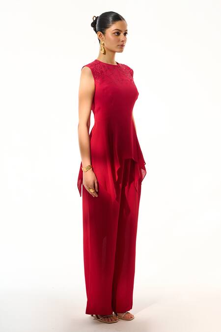 Shop_Sakshi Khetterpal_Pink Crepe Embroidery Round Neck Peplum Top And Pant Set _Online_at_Aza_Fashions