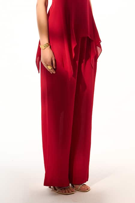 Sakshi Khetterpal_Pink Crepe Embroidery Round Neck Peplum Top And Pant Set _at_Aza_Fashions