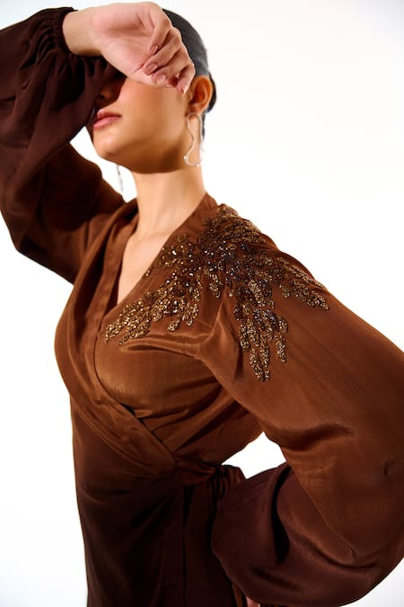 Buy_Sakshi Khetterpal_Brown Crepe Embroidery, Beads V-neck Ombre Hand Shirt And Pant Set _Online_at_Aza_Fashions