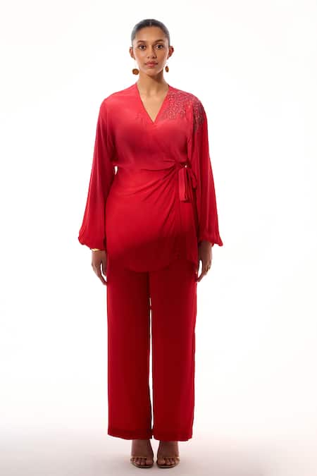 Sakshi Khetterpal_Red Crepe Embroidery V-neck Wrap Shirt And Pant Set _Online_at_Aza_Fashions