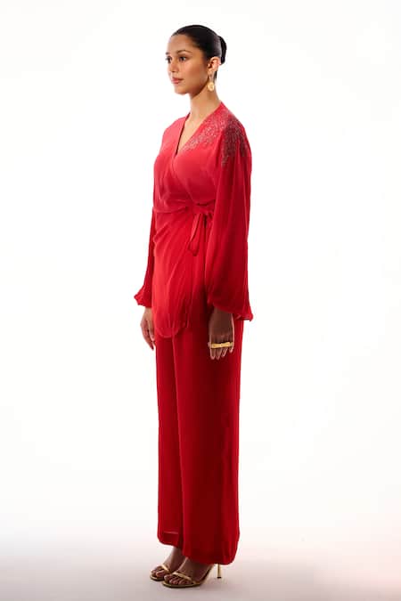 Buy_Sakshi Khetterpal_Red Crepe Embroidery V-neck Wrap Shirt And Pant Set _Online_at_Aza_Fashions