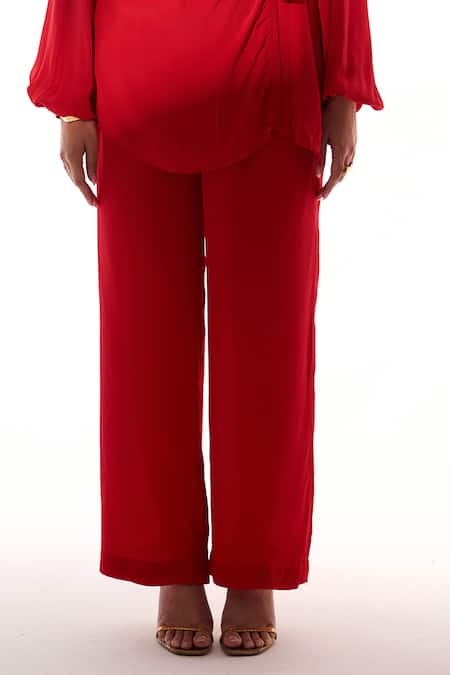 Shop_Sakshi Khetterpal_Red Crepe Embroidery V-neck Wrap Shirt And Pant Set _Online_at_Aza_Fashions