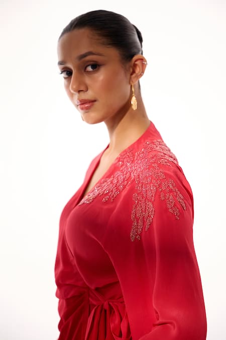 Buy_Sakshi Khetterpal_Red Crepe Embroidery V-neck Wrap Shirt And Pant Set 
