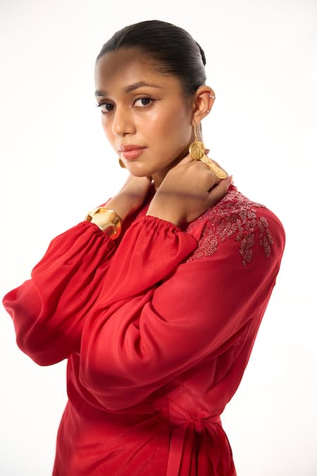 Shop_Sakshi Khetterpal_Red Crepe Embroidery V-neck Wrap Shirt And Pant Set 