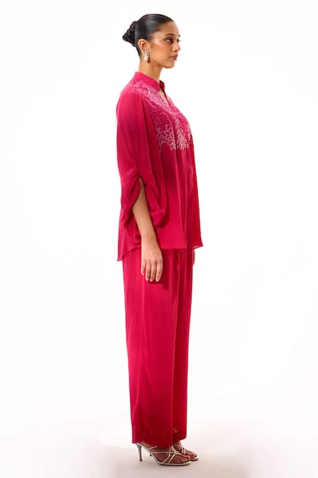 Sakshi Khetterpal_Pink Crepe Embroidery Collared, Split V-neck Intricate Hand Shirt And Pant Set _Online_at_Aza_Fashions