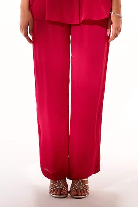 Buy_Sakshi Khetterpal_Pink Crepe Embroidery Collared, Split V-neck Intricate Hand Shirt And Pant Set _Online_at_Aza_Fashions