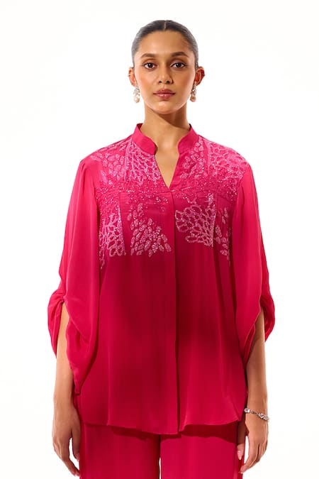 Shop_Sakshi Khetterpal_Pink Crepe Embroidery Collared, Split V-neck Intricate Hand Shirt And Pant Set _Online_at_Aza_Fashions