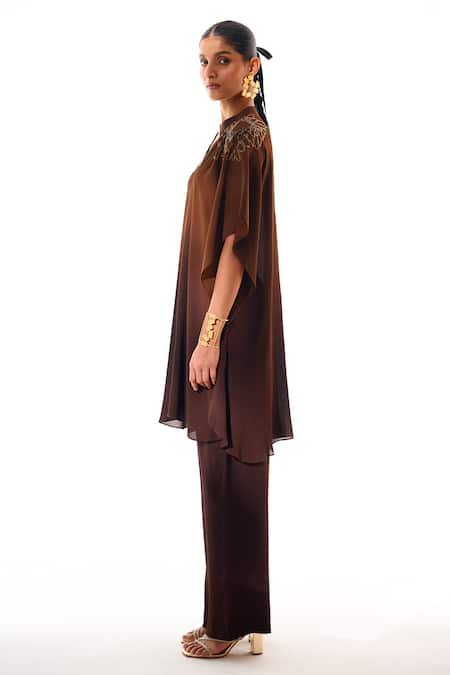 Sakshi Khetterpal_Brown Crepe Embroidery V-neck Hand Kaftan And Pant Set _Online_at_Aza_Fashions