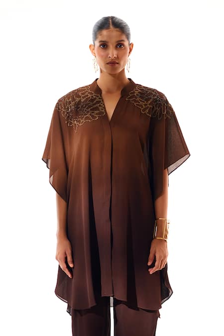 Buy_Sakshi Khetterpal_Brown Crepe Embroidery V-neck Hand Kaftan And Pant Set _Online_at_Aza_Fashions
