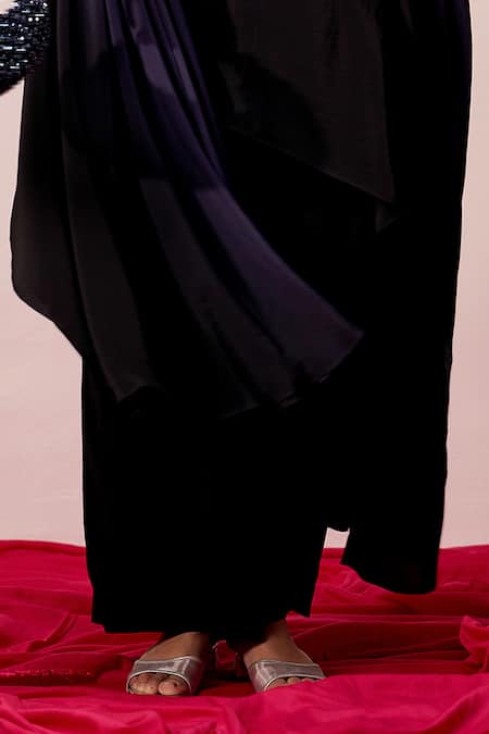 Sakshi Khetterpal_Blue Crepe Beads One Shoulder, Ombre Hand Embroidered Kaftan And Pant Set _Online_at_Aza_Fashions