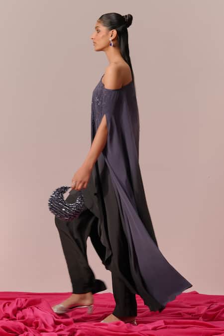 Shop_Sakshi Khetterpal_Blue Crepe Beads One Shoulder, Ombre Hand Embroidered Kaftan And Pant Set _Online_at_Aza_Fashions