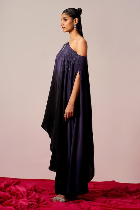 Sakshi Khetterpal_Blue Crepe Beads One Shoulder, Ombre Hand Embroidered Kaftan And Pant Set _at_Aza_Fashions