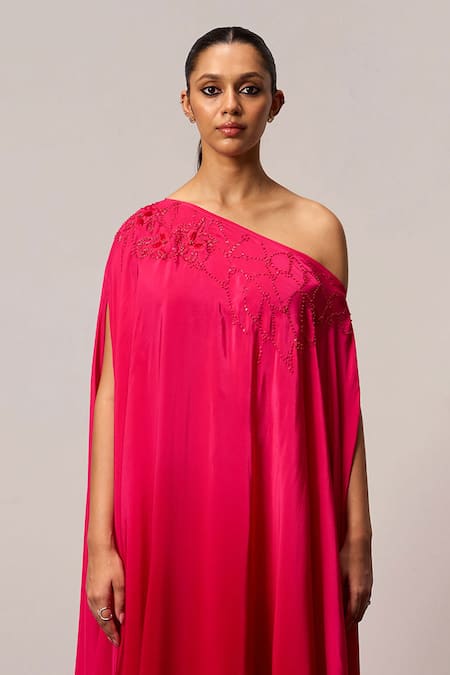 Buy_Sakshi Khetterpal_Pink Crepe Beads, Sequins, Embroidery One Shoulder Kaftan And Pant Set _Online_at_Aza_Fashions
