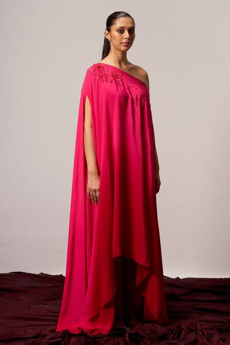 Shop_Sakshi Khetterpal_Pink Crepe Beads, Sequins, Embroidery One Shoulder Kaftan And Pant Set _Online_at_Aza_Fashions