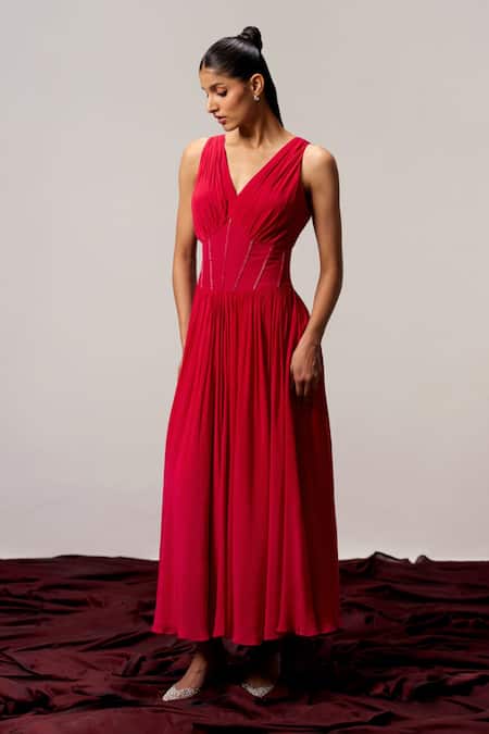 Sakshi Khetterpal V Neck Pleated Maxi Dress  