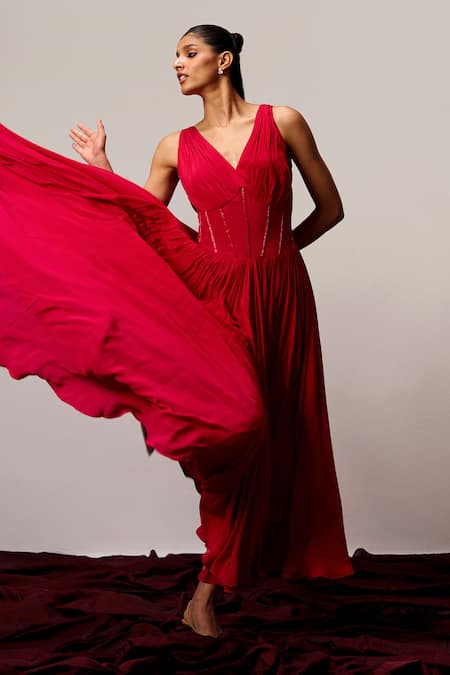 Buy_Sakshi Khetterpal_Red Crepe Embroidery V-neck V Pleated Maxi Dress _Online_at_Aza_Fashions