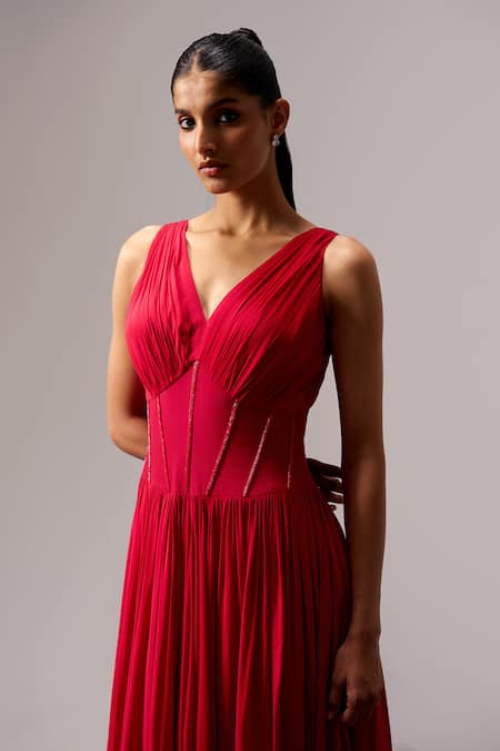 Shop_Sakshi Khetterpal_Red Crepe Embroidery V-neck V Pleated Maxi Dress _Online_at_Aza_Fashions