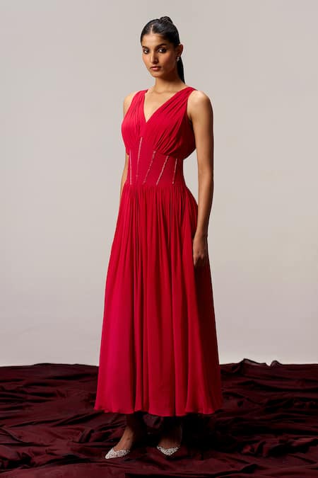 Sakshi Khetterpal_Red Crepe Embroidery V-neck V Pleated Maxi Dress _at_Aza_Fashions