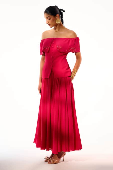 Sakshi Khetterpal Off-Shoulder Embroidered Top With Skirt 