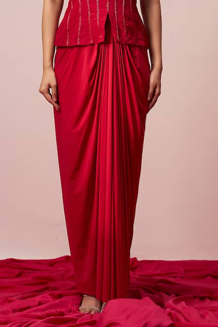 Sakshi Khetterpal_Red Crepe, Lycra Embroidery, Beads Sweetheart Neck Hand Top And Draped Skirt Set _Online_at_Aza_Fashions