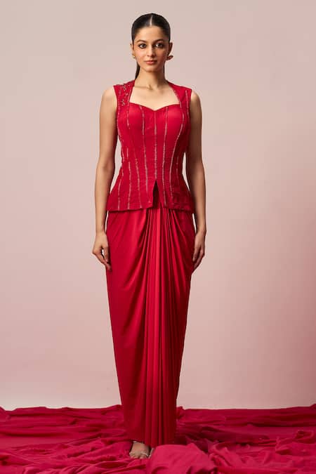 Buy_Sakshi Khetterpal_Red Crepe, Lycra Embroidery, Beads Sweetheart Neck Hand Top And Draped Skirt Set _Online_at_Aza_Fashions