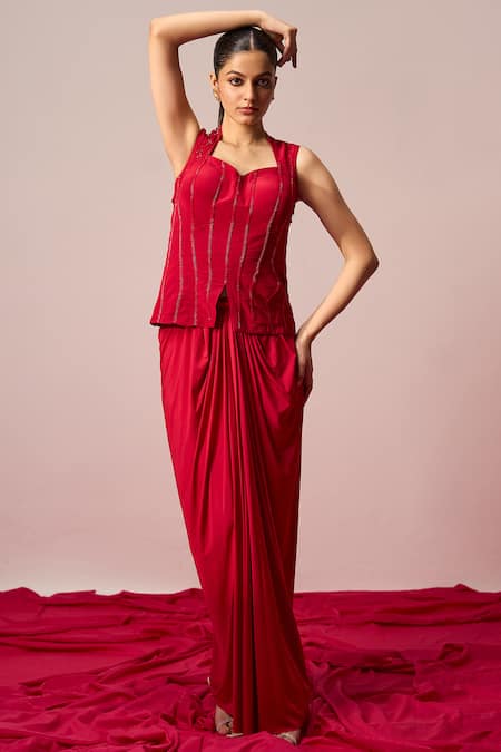 Sakshi Khetterpal Hand Embroidered Top & Draped Skirt Set 