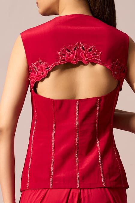 Shop_Sakshi Khetterpal_Red Crepe, Lycra Embroidery, Beads Sweetheart Neck Hand Top And Draped Skirt Set _Online_at_Aza_Fashions