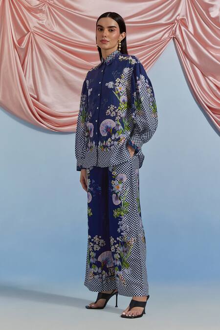 Pozruh By Aiman Blue Linen, Organza Embroidery Collared, Bali Breeze Printed Shirt And Pant Set Online at Aza Fashions Pozruh By Aiman_Blue Linen, Organza Embroidery Collared, Bali Breeze Printed Shirt And Pant Set _Online_at_Aza_Fashions