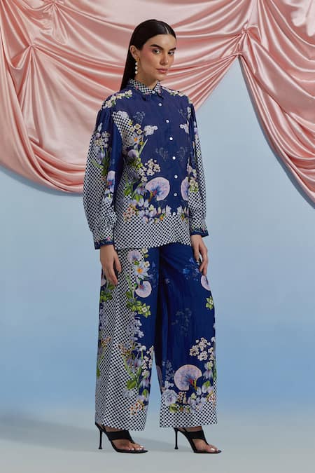 Shop Pozruh By Aiman Blue Linen, Organza Embroidery Collared, Bali Breeze Printed Shirt And Pant Set Online at Aza Fashions Shop_Pozruh By Aiman_Blue Linen, Organza Embroidery Collared, Bali Breeze Printed Shirt And Pant Set _Online_at_Aza_Fashions