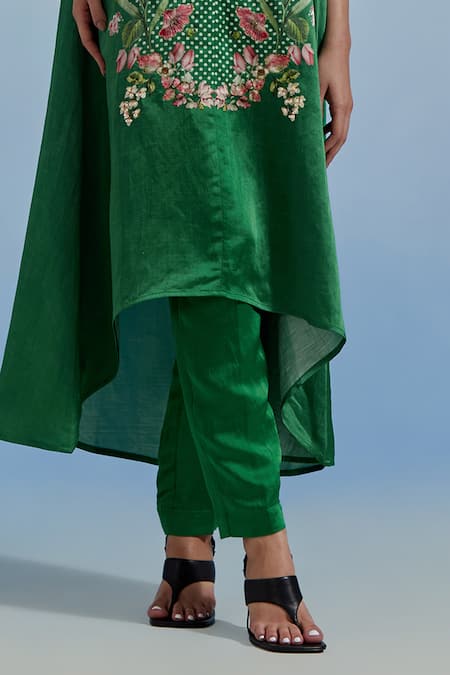 Pozruh By Aiman_Green Linen, Satin Embroidery V-neck Amore Printed Kurta And Pant Set _Online_at_Aza_Fashions