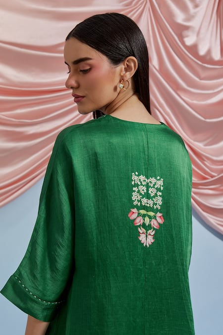 Buy_Pozruh By Aiman_Green Linen, Satin Embroidery V-neck Amore Printed Kurta And Pant Set 