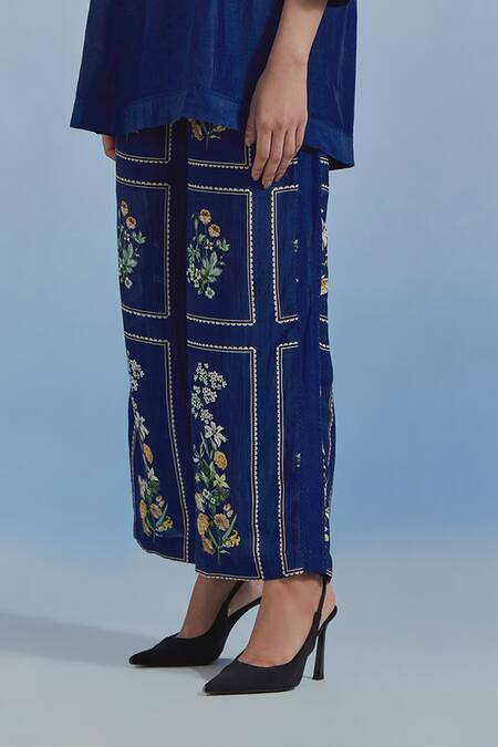 Pozruh By Aiman_Blue Linen, Satin, Silk Embroidery, Sequins, Lace Bouquet Top And Trouser Set _Online_at_Aza_Fashions