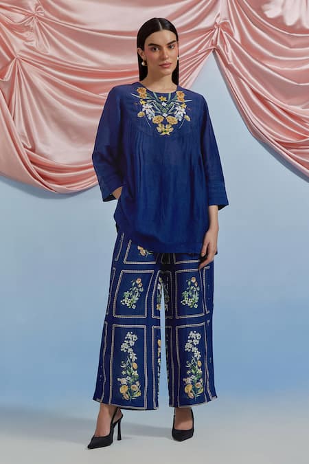 Pozruh By Aiman Bouquet Embroidered Top & Trouser Set 