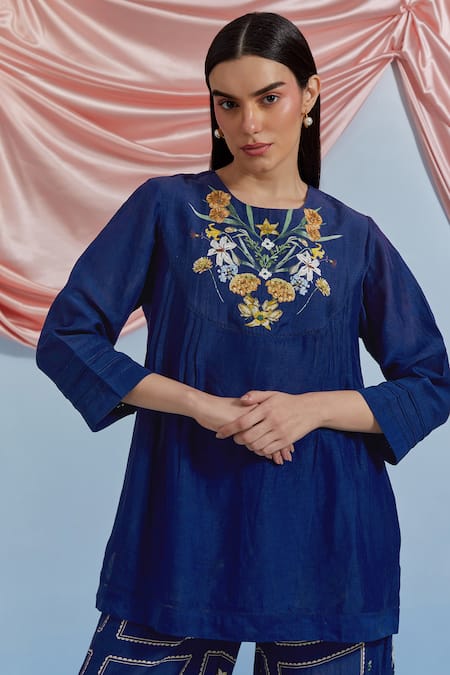Pozruh By Aiman_Blue Linen, Satin, Silk Embroidery, Sequins, Lace Bouquet Top And Trouser Set _at_Aza_Fashions