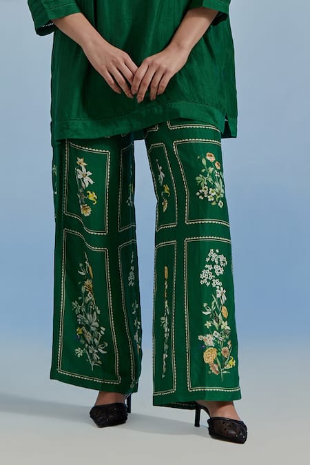 Pozruh By Aiman_Green Linen, Organza, Satin, Silk Embroidery, Sequins, Bouquet Top And Pant Set _Online_at_Aza_Fashions