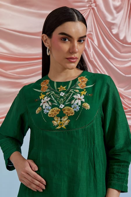 Buy_Pozruh By Aiman_Green Linen, Organza, Satin, Silk Embroidery, Sequins, Bouquet Top And Pant Set _Online_at_Aza_Fashions