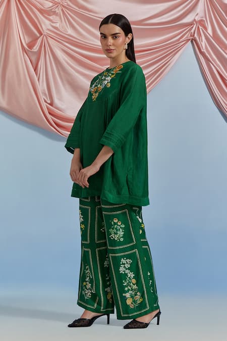 Pozruh By Aiman_Green Linen, Organza, Satin, Silk Embroidery, Sequins, Bouquet Top And Pant Set _at_Aza_Fashions