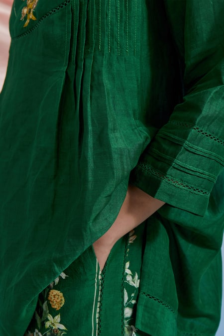 Buy_Pozruh By Aiman_Green Linen, Organza, Satin, Silk Embroidery, Sequins, Bouquet Top And Pant Set 