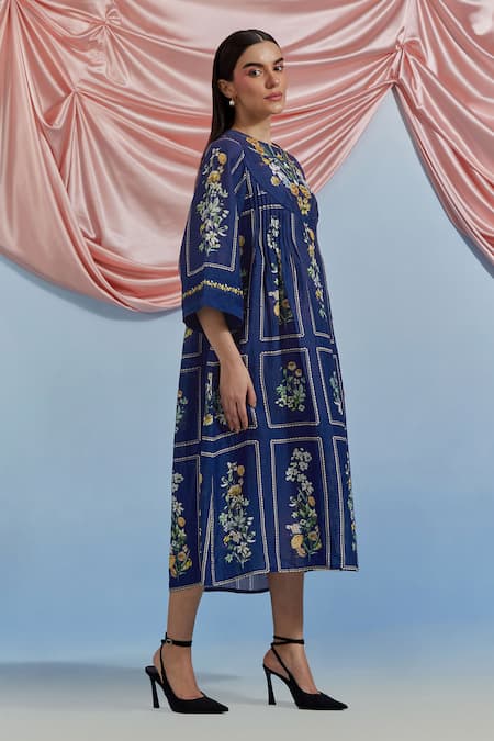 Pozruh By Aiman_Blue Linen, Organza Embroidery Round Neck Bouquet Print Pleated Dress _Online_at_Aza_Fashions