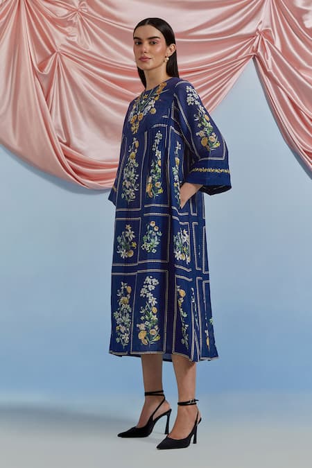 Buy_Pozruh By Aiman_Blue Linen, Organza Embroidery Round Neck Bouquet Print Pleated Dress _Online_at_Aza_Fashions