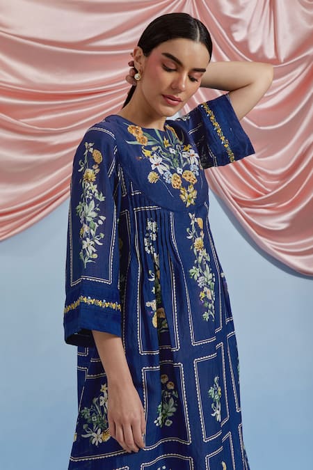Shop_Pozruh By Aiman_Blue Linen, Organza Embroidery Round Neck Bouquet Print Pleated Dress _Online_at_Aza_Fashions