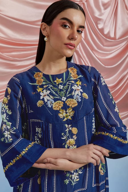 Pozruh By Aiman_Blue Linen, Organza Embroidery Round Neck Bouquet Print Pleated Dress _at_Aza_Fashions