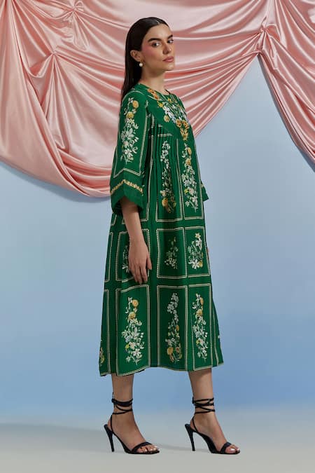 Pozruh By Aiman Green Linen, Organza Embroidery Round Neck Bouquet Print Pleated Dress Online at Aza Fashions Pozruh By Aiman_Green Linen, Organza Embroidery Round Neck Bouquet Print Pleated Dress _Online_at_Aza_Fashions