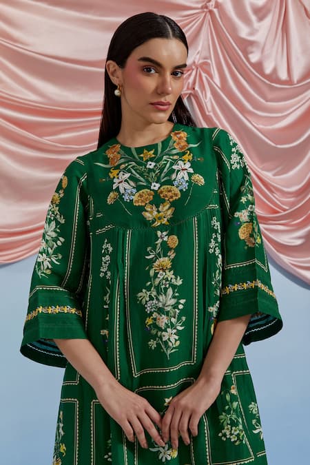 Buy Pozruh By Aiman Green Linen, Organza Embroidery Round Neck Bouquet Print Pleated Dress Online at Aza Fashions Buy_Pozruh By Aiman_Green Linen, Organza Embroidery Round Neck Bouquet Print Pleated Dress _Online_at_Aza_Fashions
