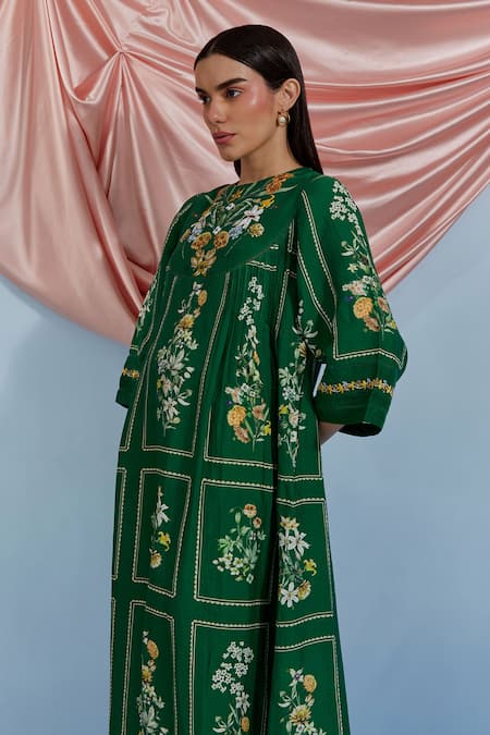 Shop Pozruh By Aiman Green Linen, Organza Embroidery Round Neck Bouquet Print Pleated Dress Online at Aza Fashions Shop_Pozruh By Aiman_Green Linen, Organza Embroidery Round Neck Bouquet Print Pleated Dress _Online_at_Aza_Fashions