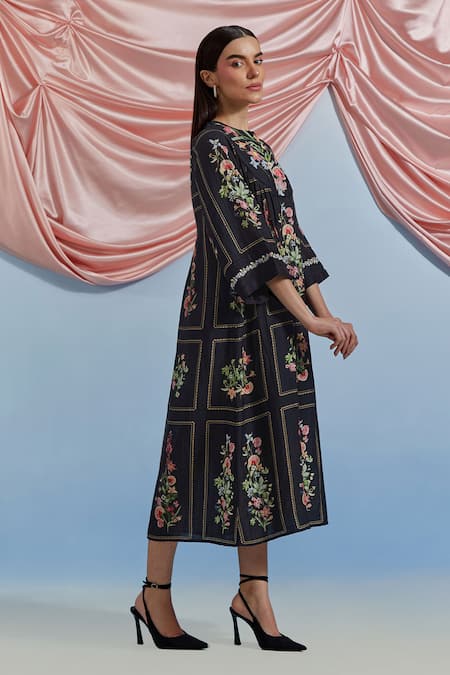 Pozruh By Aiman_Black Linen, Organza Embroidery, Foil Printing Round Bouquet Pleated Midi Dress _Online_at_Aza_Fashions